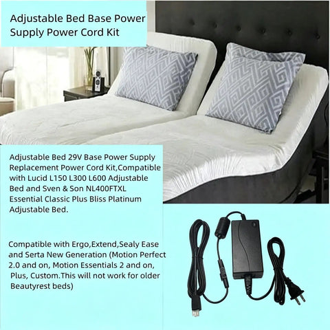 Premium Fesasn 29V2A Electric Power Adapter For Extend Ergo Sealy Ease Serta Adjustable Bed Frame with compatible power cord kit.
