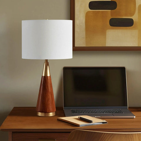 Mid Century Modern Table Lamp With Pecan Wood Base And Gold Metal Accents, White Drum Shade, 26 Inch Tall on desk