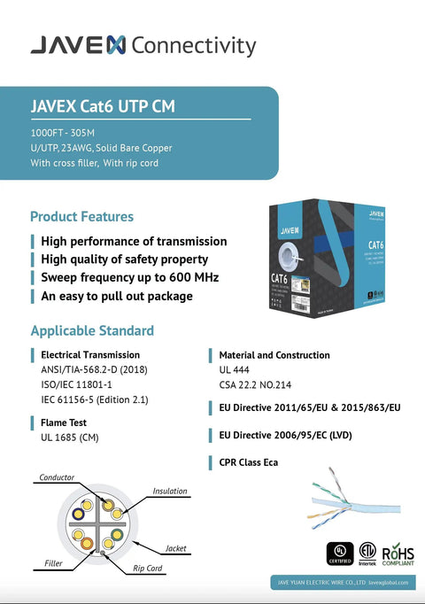 JAVEX Connectivity Cat6 Ethernet Cable 1000 Feet In Wall CM Rated 23AWG Solid Bare Copper UTP 600MHz UL Listed ETL TAA Compliant White