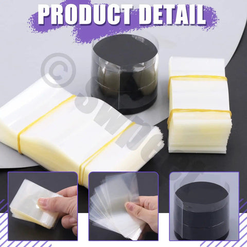 Clear PVC Heat Shrink Bottle Bands Kit With 1250 Pcs showing five size variations wrapped in stacks for bottles, jars, cans.