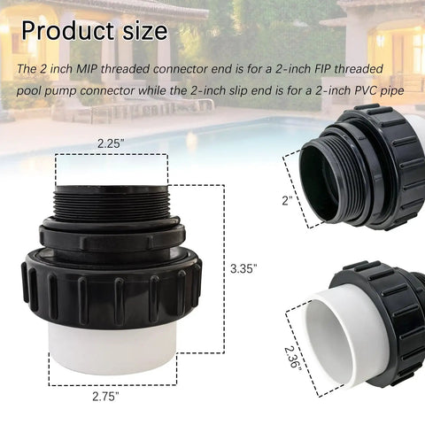 4 Pack 2 Inch Hi Temp Unions For Pool Pumps 2 MIP To 2 PVC Union Fittings dimensions with features shown