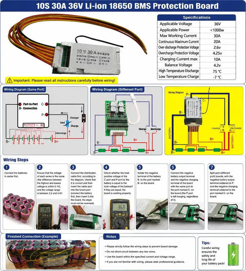 Rock Solid 10S 30A BMS Protection Board For 36V Lithium 18650 Cells wiring diagrams and specifications for scooters and motorcycles.