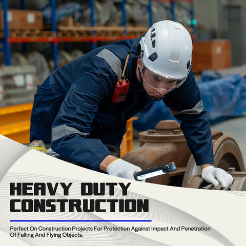 Worker wearing Safety Hard Hat ANSI Z89.1 Approved With Visor All Day Comfort Six Point Suspension at construction site
