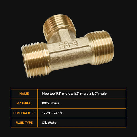 Brass 3-way pipe tee close-up with 1/2-inch male threads on all ends.