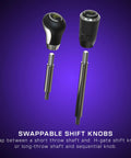 Swappable shift knobs with short- and long-throw shafts for a sim-racing shifter; black knobs and silver shafts