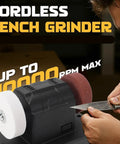 Tough-As-Nails Cordless Mini Bench Grinder With 3-Inch Dual Wheels And Lightning-Fast Variable 2000-To-6000 Rpm Speed for sharpening tools.