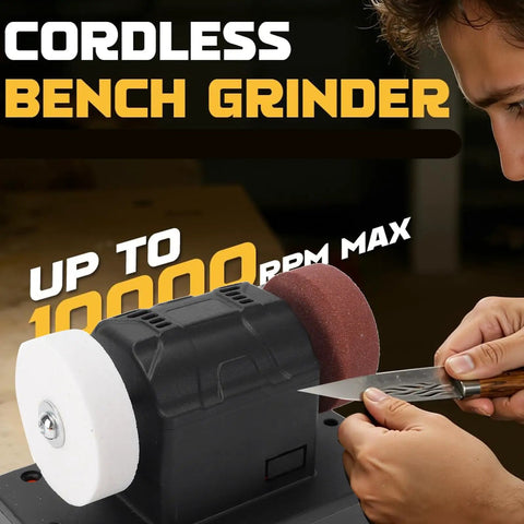 Tough-As-Nails Cordless Mini Bench Grinder With 3-Inch Dual Wheels And Lightning-Fast Variable 2000-To-6000 Rpm Speed for sharpening tools.
