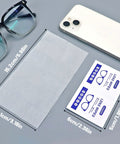 Front view of Icepac Lens Wipes: white pre-moistened sheet, 15.2 cm x 8.1 cm, 500-count, with glasses and phone nearby.