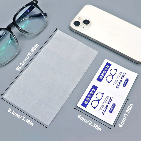Front view of Icepac Lens Wipes: white pre-moistened sheet, 15.2 cm x 8.1 cm, 500-count, with glasses and phone nearby.