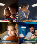 Scenes of Rechargeable LED Desk Lamp With Pen And Phone Holder used for studying, working, entertainment, and bedtime reading.