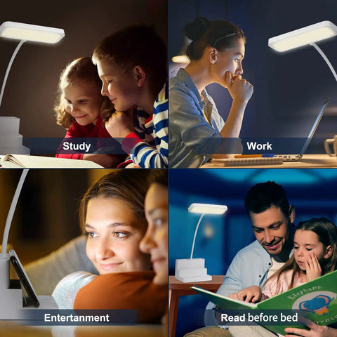 Scenes of Rechargeable LED Desk Lamp With Pen And Phone Holder used for studying, working, entertainment, and bedtime reading.