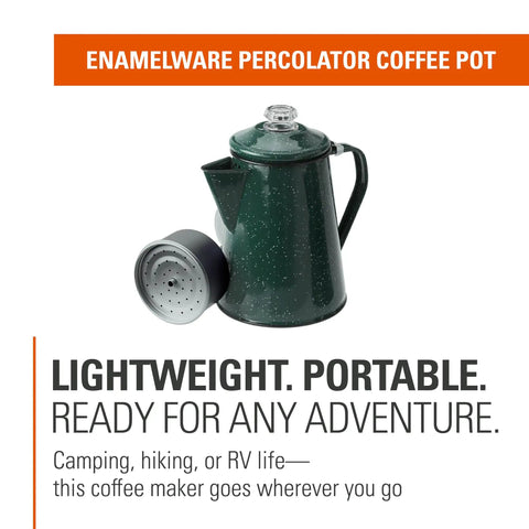 Green enamelware percolator coffee pot with filter, portable for camping and hunting, Percolator Coffee Pot For Campfire Brewing.
