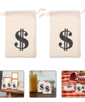 Beige Cotton Drawstring Gift Pouches With Money Sign For Cowboy Party Decor And Birthday Party Favors, 10x15cm, 24 Pack shown in various settings