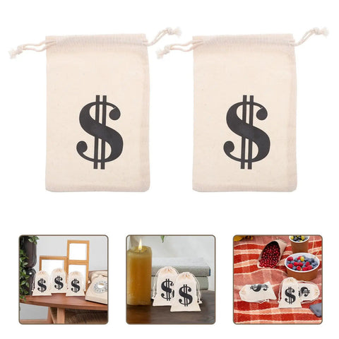 Beige Cotton Drawstring Gift Pouches With Money Sign For Cowboy Party Decor And Birthday Party Favors, 10x15cm, 24 Pack shown in various settings