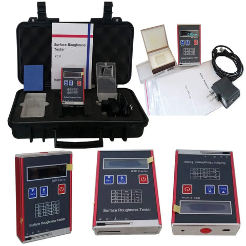 Must Have Pro Grade Surface Roughness Gauge Meter With USB Data Output And OLED Display Measures Ra 0.05 to 15.0 Micrometers And Rz 0.1 to 50 Micrometers Easy Readout Real Time Battery Power Monitor Surftest Style Profilometer For Precision shown in carrying case with accessories.