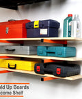 Beefy Heavy Duty Lumber Storage Wall Rack Set With 3 Level Wood Organizer Mount, holding toolboxes and containers in garage.