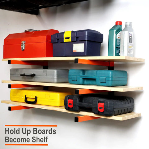 Beefy Heavy Duty Lumber Storage Wall Rack Set With 3 Level Wood Organizer Mount, holding toolboxes and containers in garage.