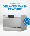 Total Game Changer Compact Countertop Dishwasher In Brushed Stainless Steel With Quick Connect Faucet Setup For Six Place Settings And Clean Dishes In A Snap Featuring Energy Efficient Eco Mode with delayed wash feature shown.