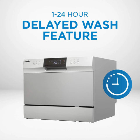 Total Game Changer Compact Countertop Dishwasher In Brushed Stainless Steel With Quick Connect Faucet Setup For Six Place Settings And Clean Dishes In A Snap Featuring Energy Efficient Eco Mode with delayed wash feature shown.