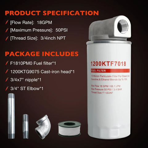 Heavy Duty Fuel Filter Spin On Particulate Replacement For Transfer Pumps 18 GPM 50 PSI Includes 1200KTG9075 Head
