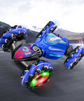Amazon Mucdcnhk 4WD RC stunt car, angled front view, blue body, LED-lit wheels, 360° rotation, gesture sensing