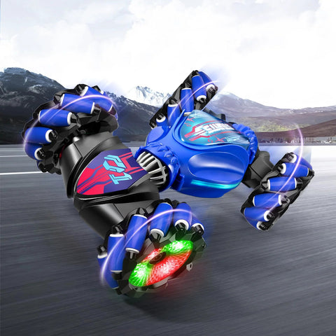 Amazon Mucdcnhk 4WD RC stunt car, angled front view, blue body, LED-lit wheels, 360° rotation, gesture sensing