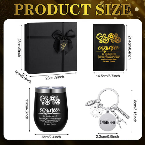Engineers Week Gift Set For Men And Women Includes 12 Oz Stainless Steel Tumbler With Lid And Straw Socks Keychain Notebook And Pen In Gift Box with product dimensions shown.