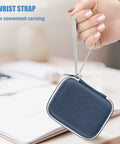 Hand holding Rugged Hard Carrying Case For T7 And T7 Touch Portable SSDs with wrist strap, shockproof travel organizer, navy.