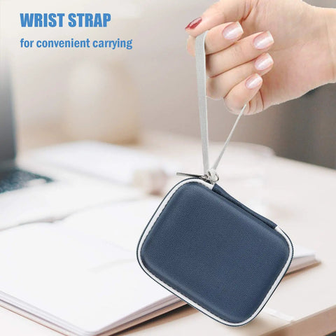 Hand holding Rugged Hard Carrying Case For T7 And T7 Touch Portable SSDs with wrist strap, shockproof travel organizer, navy.