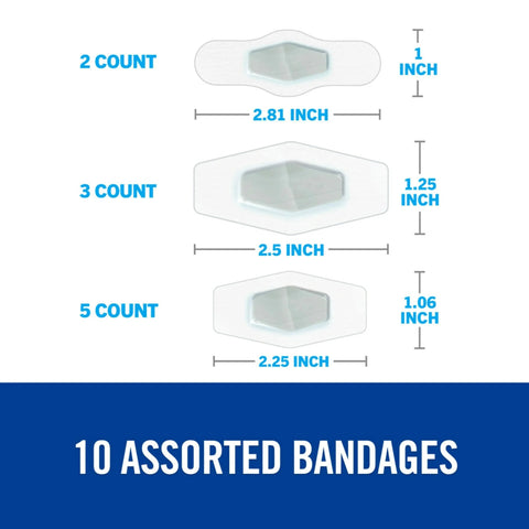 Advanced Healing Waterproof Bandages Assorted Sizes 10 Count showing different sizes 2.81, 2.5, 2.25 inches for cuts scrapes blisters