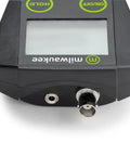 Portable pH and Temperature Meter With Auto Temperature Compensation From Negative Two To Sixteen pH Range Dual Point Calibration High Accuracy Plus Or Minus 0.02 pH Gel Filled Double Junction LCD Readout Fast Readings For Lab Field And Home Use, showing connector port and device screen close-up.