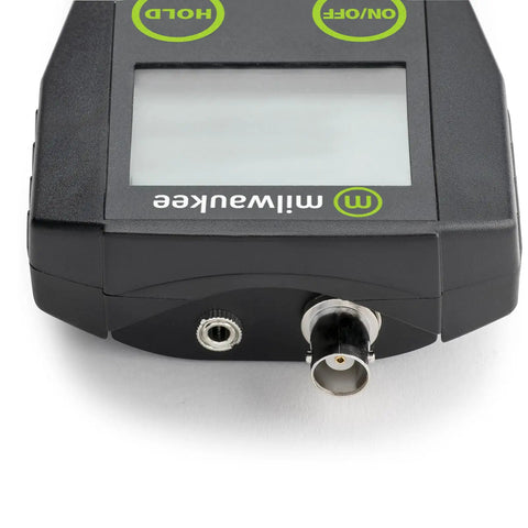 Portable pH and Temperature Meter With Auto Temperature Compensation From Negative Two To Sixteen pH Range Dual Point Calibration High Accuracy Plus Or Minus 0.02 pH Gel Filled Double Junction LCD Readout Fast Readings For Lab Field And Home Use, showing connector port and device screen close-up.
