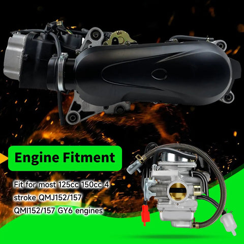 GY6 150cc Carburetor Kit Drop In Replacement For 4 Stroke Engines with attached air filter and intake, for scooters and ATVs.