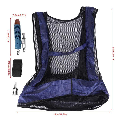 Air Compressed Cooling Vest For Industrial Crews Featuring Vortex Tube Tech Adjustable Cotton Oxford Workwear laid out flat with air tube components.