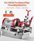 Top Tier 900W Electric Pipe Threader Machine With Foot Pedal For Nailing Smooth Half To Four Inch Cuts And Deburring Plumbing Jobs Made Dead Simple Heavy Duty Shop Essential Gear close-up of 3 in 1 functional pipe threading machine.