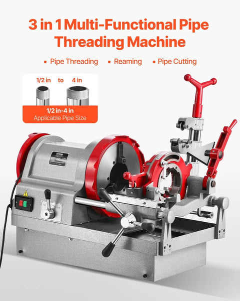 Top Tier 900W Electric Pipe Threader Machine With Foot Pedal For Nailing Smooth Half To Four Inch Cuts And Deburring Plumbing Jobs Made Dead Simple Heavy Duty Shop Essential Gear close-up of 3 in 1 functional pipe threading machine.