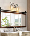 Bathroom with Two Light Chrome Vanity Light Fixtures With Clear Glass Shade For Over Mirror Bathroom Lighting next to plants.
