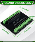 Sweet ESP32 Breakout Terminal Adapter 38 Pin 5 Pack Circuit Boards showing dimensions, featuring green terminals and robust FR4 design.