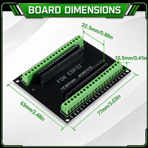 Sweet ESP32 Breakout Terminal Adapter 38 Pin 5 Pack Circuit Boards showing dimensions, featuring green terminals and robust FR4 design.