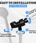 Heavy Duty Handheld Shower Head Holder Mount With Adjustable Arm And Brass Swivel Ball Joint, Premium ABS Bracket, Black Finish, No Fuss Install, Built To Handle High Water Pressure And Securely Connect Hose And Arm, diagram with handheld showerhead and hose