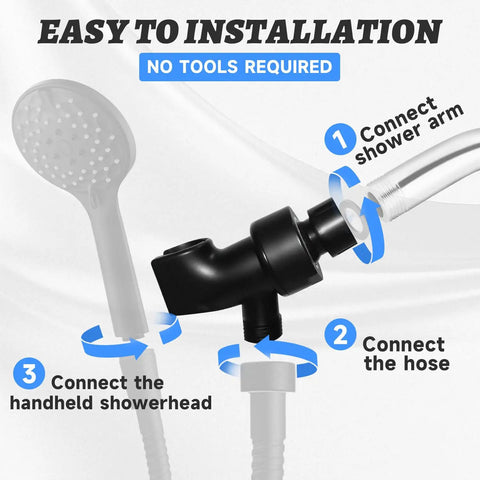 Heavy Duty Handheld Shower Head Holder Mount With Adjustable Arm And Brass Swivel Ball Joint, Premium ABS Bracket, Black Finish, No Fuss Install, Built To Handle High Water Pressure And Securely Connect Hose And Arm, diagram with handheld showerhead and hose