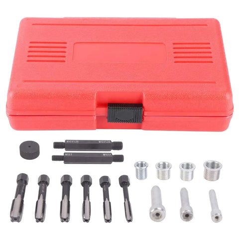33 Piece Glow Plug Thread Repair Kit For Diesel Cylinder Heads With Tap Insert Driver and Guide Pins, includes precision tools and case.