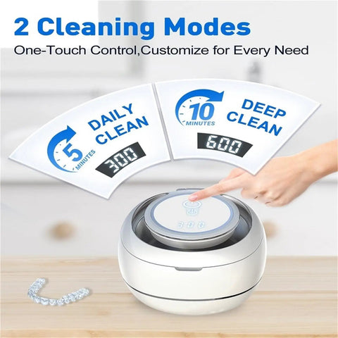 Sleek Ultrasonic Cleaner Kicks Deep Grime From Retainers Mouth Guards And Braces With Dual Modes for easy cleaning time settings.