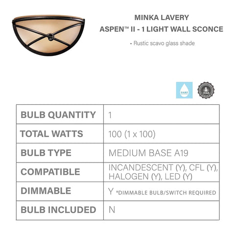 Specifications for Aspen II 1 Light Wall Sconce In Aspen Bronze, Rustic Scavo glass, 100W max, dimmable, bulb not included.