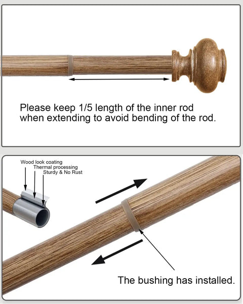 Heavy Duty Wood Look Curtain Rods For Windows 48 To 84 Inches With One Inch Diameter And Imitation Wood Grain Finials details.