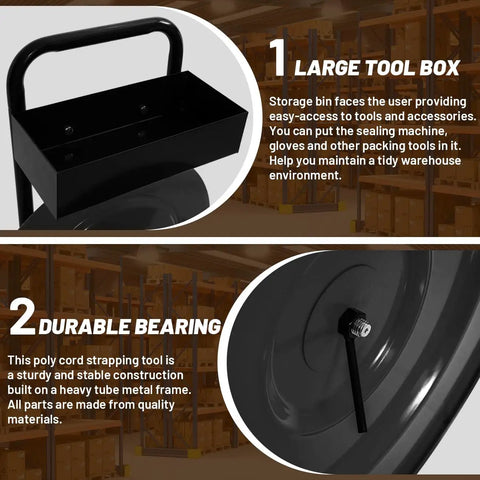 Heavy Duty Strapping Cart Dispenser With Wheels Portable Packaging Trolley Featuring Built In Tray for poly plastic and steel bands, showing large tool box and durable bearing details.