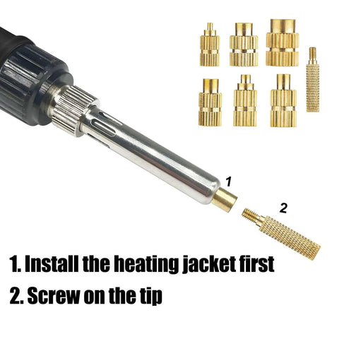 DIY Ready Heated Insert Kit With 1 Hot Iron Rod And 7 Tip Inserts Including M2 M2.5 M3 M4 M5 M6 M8 And 330 Brass Knurled Nuts For Plastic And 3D Printing Projects, showing hot iron rod and brass knurled nuts.
