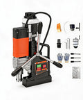 High Torque 1750W Magnetic Drill Press For Metalworking With 810 RPM, 50mm Core Capacity And Built In Millimeter Scale, with accessories.