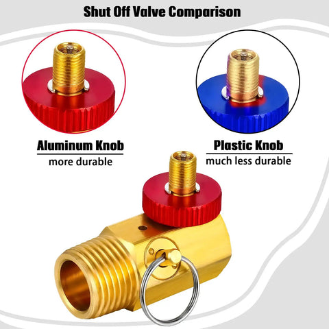 Comparison of aluminum and plastic knob for air tank repair kit with 0-200 PSI gauge, highlighting durability differences