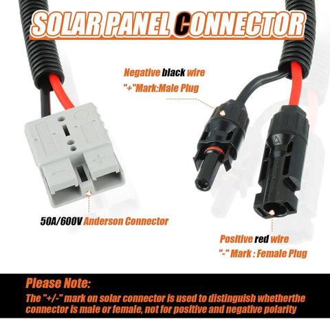10 AWG Solar Panel Connector Cable For MC4 To 50A 600V Anderson Adapter with labeled positive and negative wires